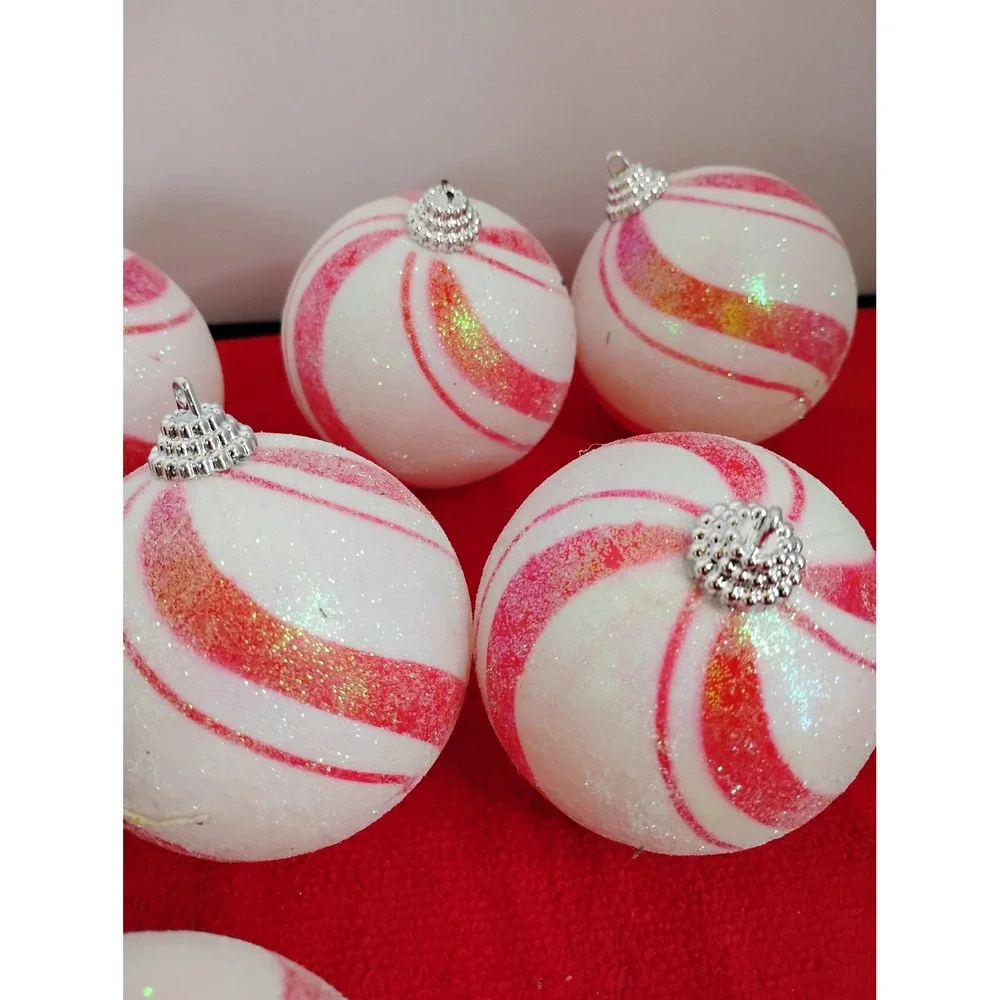 8pc Peppermint Swirl Christmas Ornaments Red White Glitter Candy Cane Baubles
